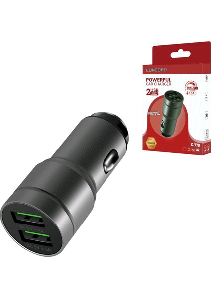 Araç Çakmak Fişi Çift USB 23W Metal Concord C-770