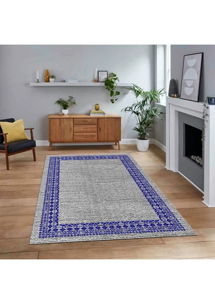 Dijital Baskılı Kaymaz Taban Yıkanabilir Jüt-Hasır Desen Mutfak Salon Halısı, V-Jüt-09-Lacivert,
