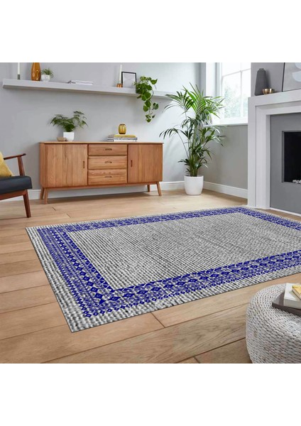 Dijital Baskılı Kaymaz Taban Yıkanabilir Jüt-Hasır Desen Mutfak Salon Halısı, V-Jüt-09-Lacivert,
