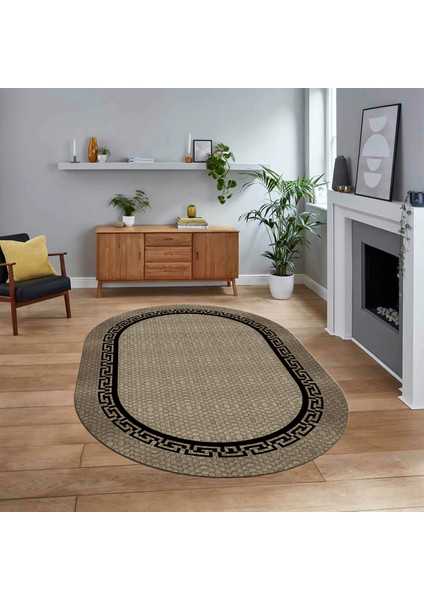 Dijital Baskılı Kaymaz Yıkanabilir Oval Jüt-Hasır Desen Mutfak Salon Halısı, V-O-Jüt-01-Siyah,