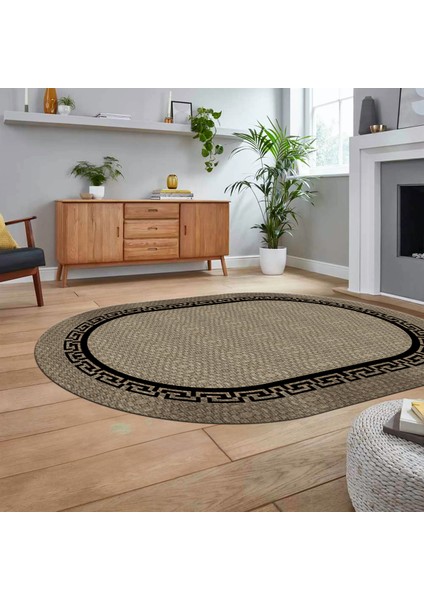 Dijital Baskılı Kaymaz Yıkanabilir Oval Jüt-Hasır Desen Mutfak Salon Halısı, V-O-Jüt-01-Siyah,