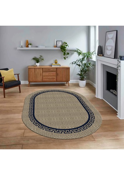 Dijital Baskılı Kaymaz Yıkanabilir Oval Jüt-Hasır Desen Mutfak Salon Halısı, V-O-Jüt-01-Mavi,