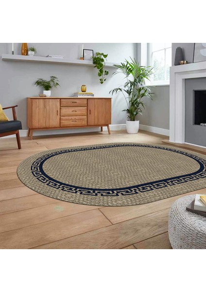 Dijital Baskılı Kaymaz Yıkanabilir Oval Jüt-Hasır Desen Mutfak Salon Halısı, V-O-Jüt-01-Mavi,