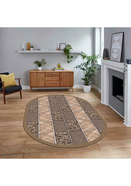 Dijital Baskılı Kaymaz Yıkanabilir Oval Jüt-Hasır Desen Mutfak Salon Halısı, V-O-Jüt-02-Kahve,
