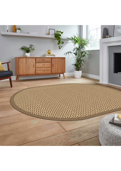 Dijital Baskılı Kaymaz Yıkanabilir Oval Jüt-Hasır Desen Mutfak Salon Halısı, V-O-Jüt-03-Kahve,