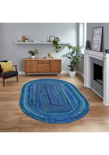 Dijital Baskılı Kaymaz Yıkanabilir Oval Jüt-Hasır Desen Mutfak Salon Halısı, V-O-Jüt-05-Mavi,
