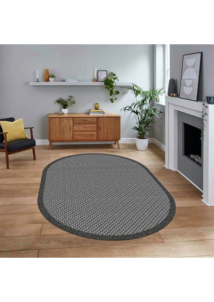 Dijital Baskılı Kaymaz Yıkanabilir Oval Jüt-Hasır Desen Mutfak Salon Halısı, V-O-Jüt-03-Gri,