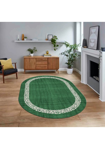 Dijital Baskılı Kaymaz Yıkanabilir Oval Jüt-Hasır Desen Mutfak Salon Halısı, V-O-Jüt-04-Yeşil,