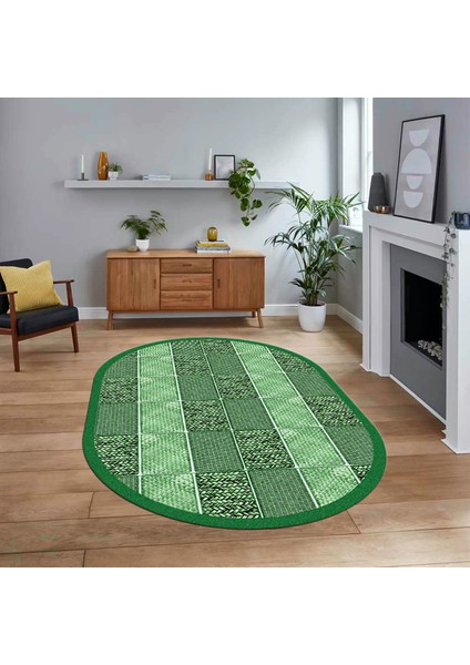 Dijital Baskılı Kaymaz Yıkanabilir Oval Jüt-Hasır Desen Mutfak Salon Halısı, V-O-Jüt-02-Yeşil,
