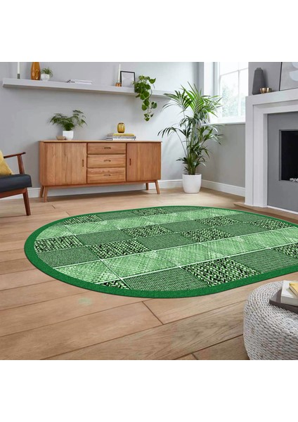 Dijital Baskılı Kaymaz Yıkanabilir Oval Jüt-Hasır Desen Mutfak Salon Halısı, V-O-Jüt-02-Yeşil,