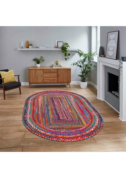 Dijital Baskılı Kaymaz Yıkanabilir Oval Jüt-Hasır Desen Mutfak Salon Halısı, V-O-Jüt-05-Renkli,