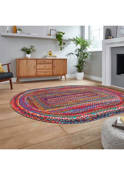 Dijital Baskılı Kaymaz Yıkanabilir Oval Jüt-Hasır Desen Mutfak Salon Halısı, V-O-Jüt-05-Renkli,