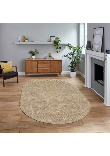 Dijital Baskılı Kaymaz Yıkanabilir Oval Jüt-Hasır Desen Mutfak Salon Halısı, V-O-Jüt-07-Kahve,