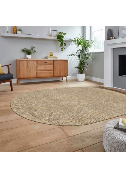 Dijital Baskılı Kaymaz Yıkanabilir Oval Jüt-Hasır Desen Mutfak Salon Halısı, V-O-Jüt-07-Kahve,