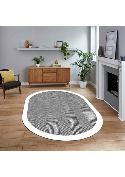 Dijital Baskılı Kaymaz Yıkanabilir Oval Jüt-Hasır Desen Mutfak Salon Halısı, V-O-Jüt-06-Gri,