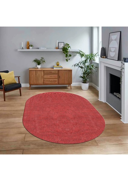 Dijital Baskılı Kaymaz Yıkanabilir Oval Jüt-Hasır Desen Mutfak Salon Halısı, V-O-Jüt-07-Kırmızı,