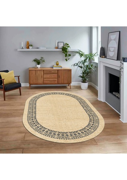 Dijital Baskılı Kaymaz Yıkanabilir Oval Jüt-Hasır Desen Mutfak Salon Halısı, V-O-Jüt-09-Krem,