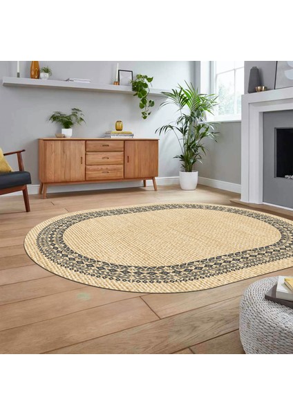 Dijital Baskılı Kaymaz Yıkanabilir Oval Jüt-Hasır Desen Mutfak Salon Halısı, V-O-Jüt-09-Krem,