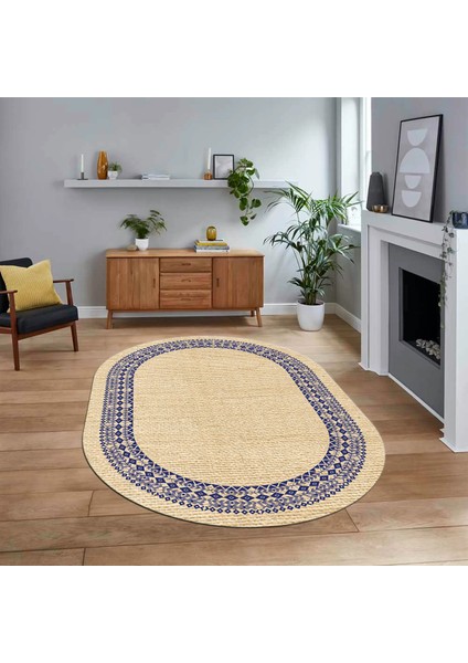 Dijital Baskılı Kaymaz Yıkanabilir Oval Jüt-Hasır Desen Mutfak Salon Halısı, V-O-Jüt-09-Renkli,