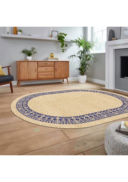 Dijital Baskılı Kaymaz Yıkanabilir Oval Jüt-Hasır Desen Mutfak Salon Halısı, V-O-Jüt-09-Renkli,