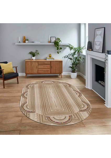 Dijital Baskılı Kaymaz Yıkanabilir Oval Jüt-Hasır Desen Mutfak Salon Halısı, V-O-Jüt-08-Kahve,