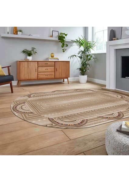 Dijital Baskılı Kaymaz Yıkanabilir Oval Jüt-Hasır Desen Mutfak Salon Halısı, V-O-Jüt-08-Kahve,