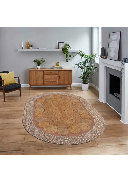 Dijital Baskılı Kaymaz Yıkanabilir Oval Jüt-Hasır Desen Mutfak Salon Halısı, V-O-Jüt-10-Kahve,