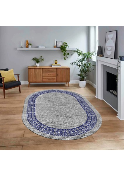 Dijital Baskılı Kaymaz Yıkanabilir Oval Jüt-Hasır Desen Mutfak Salon Halısı, V-O-Jüt-09-Lacivert,
