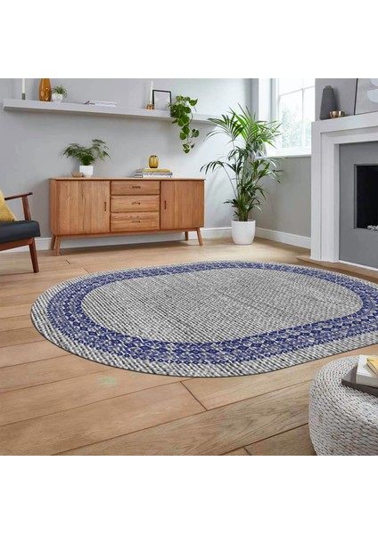 Dijital Baskılı Kaymaz Yıkanabilir Oval Jüt-Hasır Desen Mutfak Salon Halısı, V-O-Jüt-09-Lacivert,