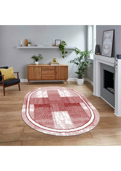 Dijital Baskılı Kaymaz Yıkanabilir Oval Jüt-Hasır Desen Mutfak Salon Halısı, V-O-Jüt-11-Kırmızı,