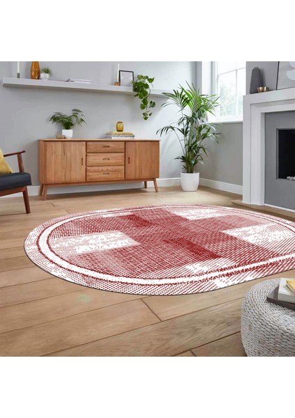 Dijital Baskılı Kaymaz Yıkanabilir Oval Jüt-Hasır Desen Mutfak Salon Halısı, V-O-Jüt-11-Kırmızı,