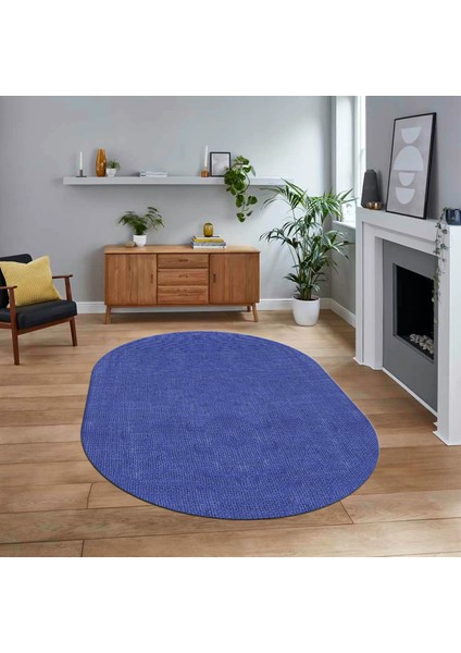 Dijital Baskılı Kaymaz Yıkanabilir Oval Jüt-Hasır Desen Mutfak Salon Halısı, V-O-Jüt-07-Mavi,