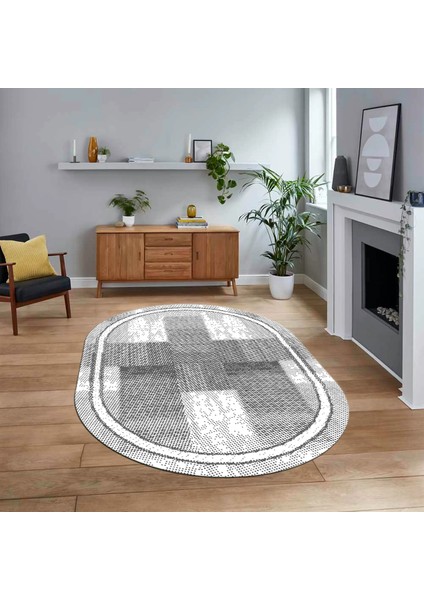 Dijital Baskılı Kaymaz Yıkanabilir Oval Jüt-Hasır Desen Mutfak Salon Halısı, V-O-Jüt-11-Gri,