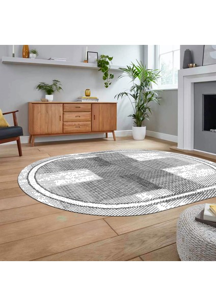 Dijital Baskılı Kaymaz Yıkanabilir Oval Jüt-Hasır Desen Mutfak Salon Halısı, V-O-Jüt-11-Gri,