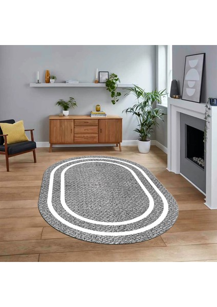 Dijital Baskılı Kaymaz Yıkanabilir Oval Jüt-Hasır Desen Mutfak Salon Halısı, V-O-Jüt-12-Gri,