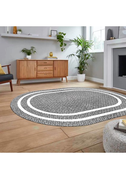 Dijital Baskılı Kaymaz Yıkanabilir Oval Jüt-Hasır Desen Mutfak Salon Halısı, V-O-Jüt-12-Gri,