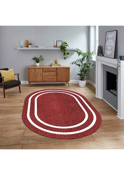Dijital Baskılı Kaymaz Yıkanabilir Oval Jüt-Hasır Desen Mutfak Salon Halısı, V-O-Jüt-12-Kırmızı,