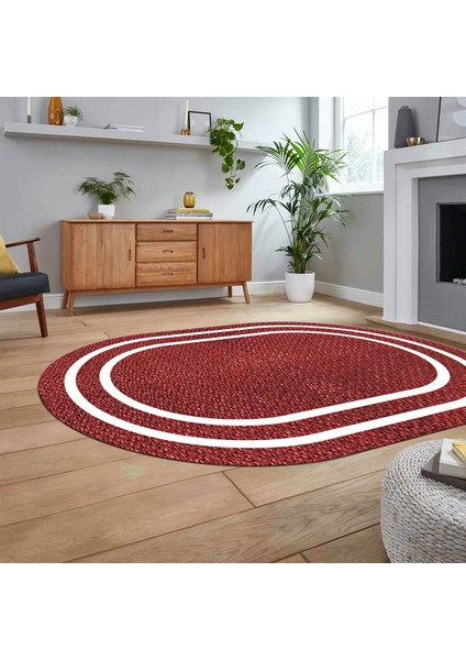 Dijital Baskılı Kaymaz Yıkanabilir Oval Jüt-Hasır Desen Mutfak Salon Halısı, V-O-Jüt-12-Kırmızı,