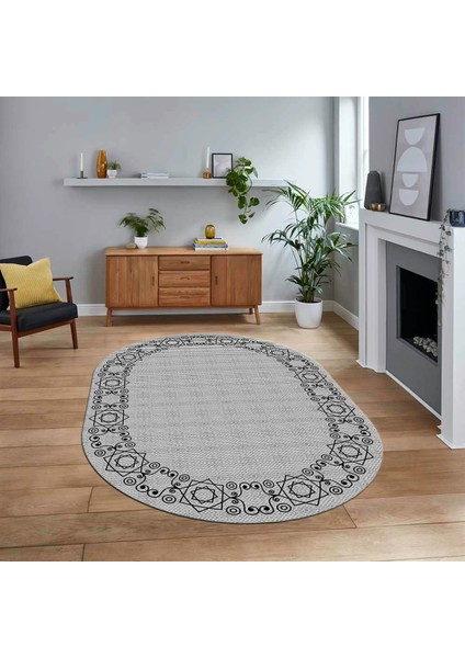 Dijital Baskılı Kaymaz Yıkanabilir Oval Jüt-Hasır Desen Mutfak Salon Halısı, V-O-Jüt-19-Gri,