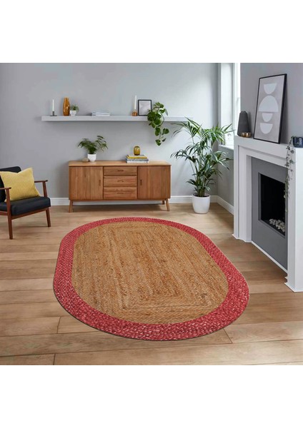 Dijital Baskılı Kaymaz Yıkanabilir Oval Jüt-Hasır Desen Mutfak Salon Halısı, V-O-Jüt-17-Kırmızı,