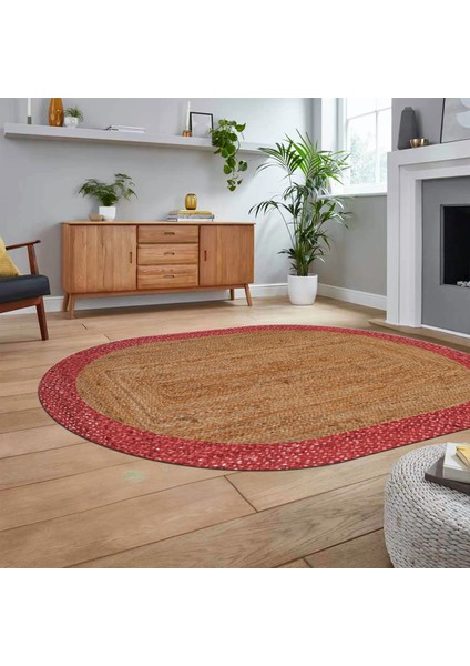 Dijital Baskılı Kaymaz Yıkanabilir Oval Jüt-Hasır Desen Mutfak Salon Halısı, V-O-Jüt-17-Kırmızı,