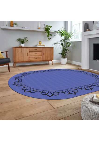 Dijital Baskılı Kaymaz Yıkanabilir Oval Jüt-Hasır Desen Mutfak Salon Halısı, V-O-Jüt-18-Mavi,