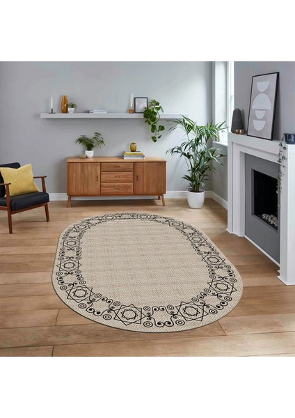 Dijital Baskılı Kaymaz Yıkanabilir Oval Jüt-Hasır Desen Mutfak Salon Halısı, V-O-Jüt-19-Krem,