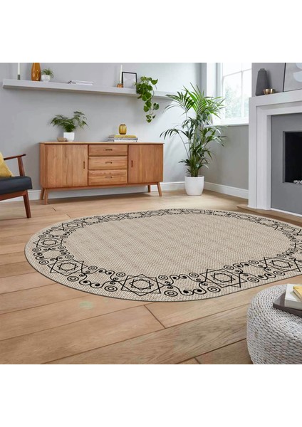 Dijital Baskılı Kaymaz Yıkanabilir Oval Jüt-Hasır Desen Mutfak Salon Halısı, V-O-Jüt-19-Krem,