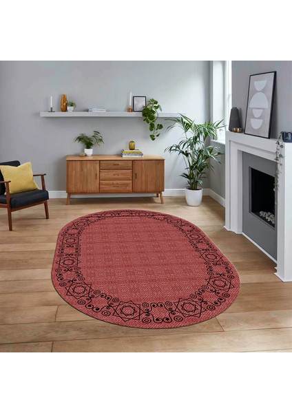 Dijital Baskılı Kaymaz Yıkanabilir Oval Jüt-Hasır Desen Mutfak Salon Halısı, V-O-Jüt-19-Kırmızı,