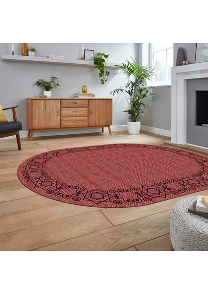 Dijital Baskılı Kaymaz Yıkanabilir Oval Jüt-Hasır Desen Mutfak Salon Halısı, V-O-Jüt-19-Kırmızı,
