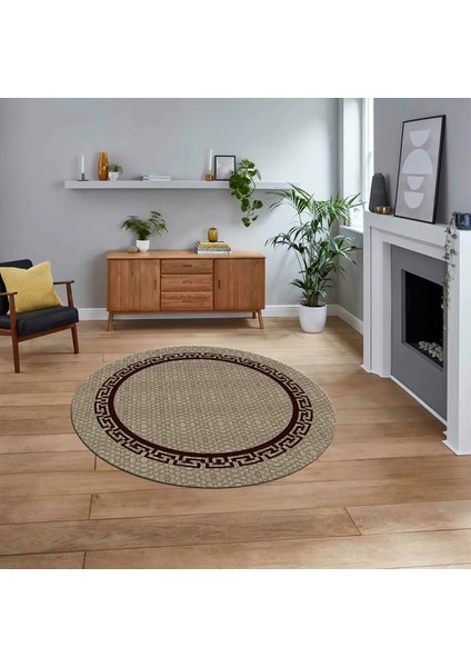 Dijital Baskılı Kaymaz Yıkanabilir Yuvarlak Jüt-Hasır Desen Mutfak Salon Halısı, V-Y-Jüt-01-Bordo,