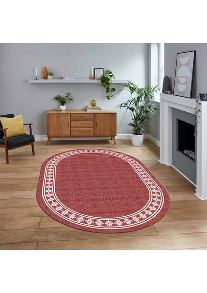 Dijital Baskılı Kaymaz Yıkanabilir Oval Jüt-Hasır Desen Mutfak Salon Halısı, V-O-Jüt-20-Kırmızı,