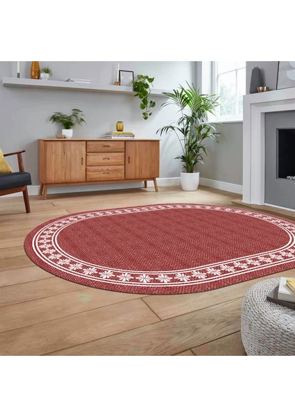 Dijital Baskılı Kaymaz Yıkanabilir Oval Jüt-Hasır Desen Mutfak Salon Halısı, V-O-Jüt-20-Kırmızı,