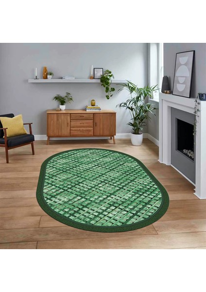 Dijital Baskılı Kaymaz Yıkanabilir Oval Jüt-Hasır Desen Mutfak Salon Halısı, V-O-Jüt-16-Yeşil,